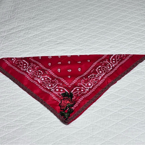 Bandana Neck Scarf OOAK Handmade With Embroidered patch Floral and Lace - Picture 8 of 11